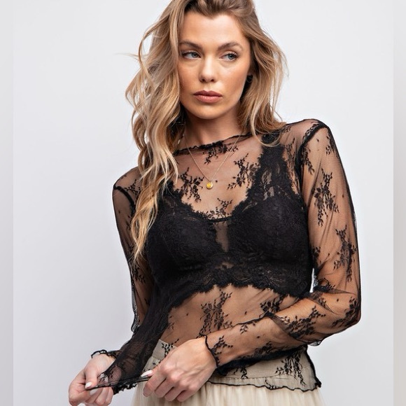 116. 🛑at cost Easel Mesh Top Black Embroidered Flower Long Sleeve Pullover - Picture 2 of 2